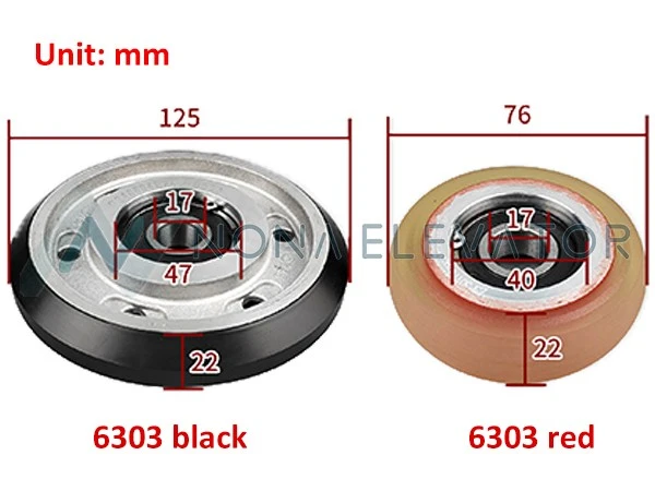 Heavy-duty polyurethane wear-resistant Elevator Guide Shoe Roller 125x22x6303 with 6303 bearing